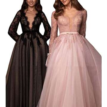 WORDSKEI Long Sleeve Prom Dress V-Neck Laces Tulle Wedding Dresses A Line Formal Evening Gowns