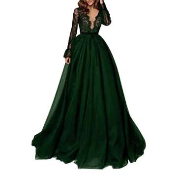 WORDSKEI Long Sleeve Prom Dress V-Neck Laces Tulle Wedding Dresses A Line Formal Evening Gowns