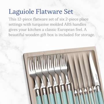 Jean Dubost Laguiole 12-Piece Flatware Set, Turquoise Handles - Rust-Resistant Stainless Steel - Includes Wooden Tray - Made in France