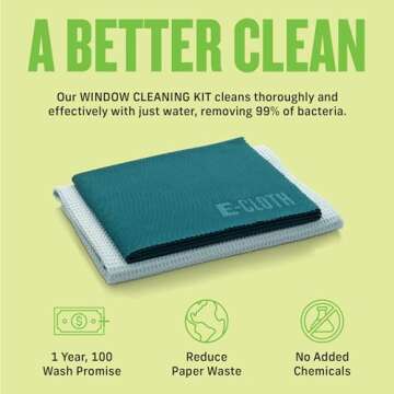 E-Cloth Window Cleaner Kit - Window and Glass Cleaning Cloth, Streak-Free Windows with just Water, Microfiber Towel Cleaning Kit for Windows, Car Windshield, Mirrors - Green