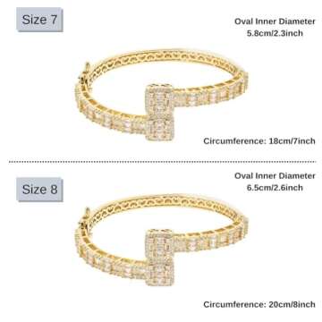 Lulu Mel Iced Out Baguette Diamond Bracelet Jewelry for Women, Hip Hop Mens 14k Gold Silver Plated Cubic Zirconia Bangle Bracelet, Men Heart Cuff Bracelet With Jewelry Box (Gold, 7inch)