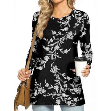 HOTGIFT Womans Casual Long Sleeve Shirts Crewneck Tunics Tops Loose Comfortable Blouse Black Carving X-Large