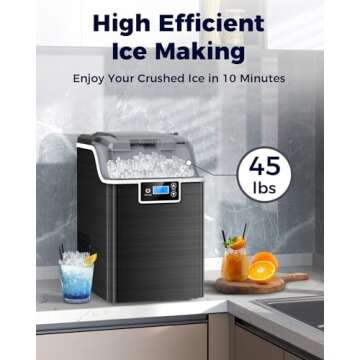 Kndko Ice Makers Countertop,45lbs/Day,3.3 Pounds a Basket in 1.5-Hour,Self Cleaning Ice Machine,Crushed Ice Maker with 24H Timer, Nugget Ice Maker for Home Kitchen Bar Party RV(Stainless Steel,Black)