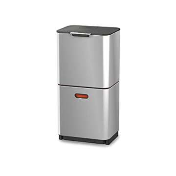 Joseph Joseph Totem Max 60 Liter/15.85 Gallon Waste Separation and Recycling Kitchen Trash Can with Odor Filter and Removable Food Waste Caddy, Stainless Steel