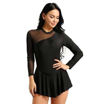 YiZYiF Lyrical Women's Adult Figure Ice Skating Dress Long Sleeves Spandex Gymnastics Leotard Black Large