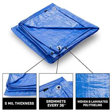 Grizzly Tarps by B-Air 6' x 8' Large Multi-Purpose Waterproof Heavy Duty Poly Tarp with Grommets Every 36", 8x8 Weave, 5 Mil Thick, for Home, Boats, Cars, Camping, Protective Cover, Blue