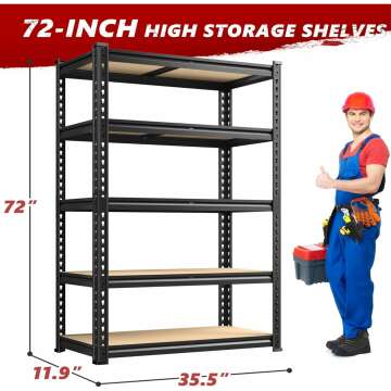 REIBII 2020LBS Storage Shelves 5 Tier Garage Shelving Heavy Duty Adjustable Garage Shelves, Utility Rack Shelf, Shelving Units for Storage Warehouse Pantry Closet, 35.5" W x 11.9" D x 72" H, Black