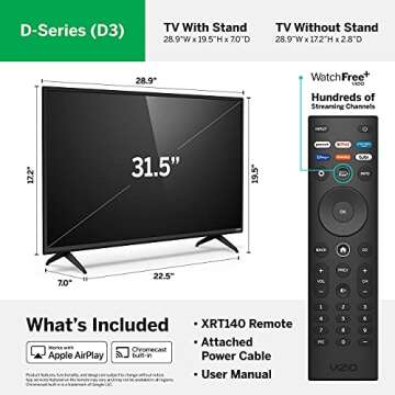 VIZIO D-Series 720p Smart TV with Apple AirPlay and Chromecast Built-in, Screen Mirroring for Second Screens, & 150+ Free Streaming Channels, D32h-J09, Model (Renewed), 32 inches