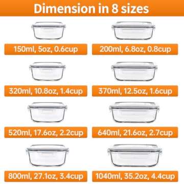 HOMBERKING 8 Pack Glass Food Storage Containers, Meal Prep, Airtight Bento Boxes with Leak Proof Locking Lids for Microwave, Oven, Freezer and Dishwasher, BPA Free, 5-35oz