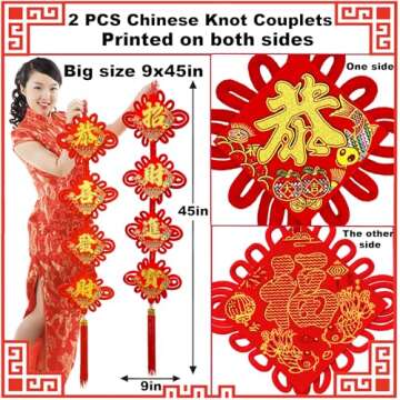 Chinese New Year Decorations 2025 Chinese Knot Couplets for Lunar New Year Decoration Lucky Hanging Ornaments Spring Festival Party Home Door Year of The Snake Decor Chinese Couplet-45 * 9in 2 Pcs