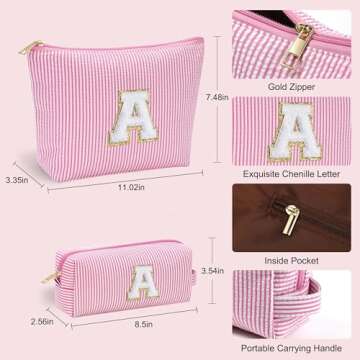 YOOLIFE Christmas Gifts for Girls | Personalized Initial Makeup Bag Pink Cosmetic Bag Travel Toiletry Bag Girlfriend Teacher Gifts 11 12 13 14 15 16 Years Old Girl Gifts Teen Girl Gifts Trendy Stuff A