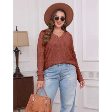 Womens Fall Fashion 2024 V Neck Long Sleeve Sweaters for Women Trendy Thanksgiving Shirts Casual Tops Caramel L