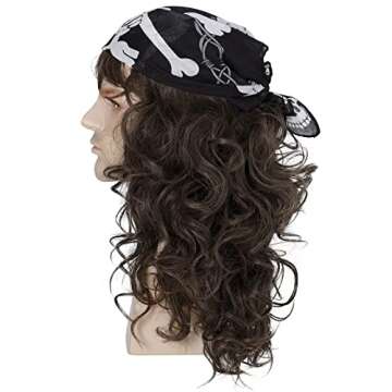 80s Rock Wig with Bandana 80s Mens Mullet Brown Curly Hair Wig Glam Metal Punk Rock Rocker Wig Perfect for Halloween, Cosplay, DIY Themed Costume Party (Brown)