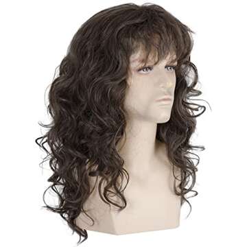 80s Rock Wig with Bandana 80s Mens Mullet Brown Curly Hair Wig Glam Metal Punk Rock Rocker Wig Perfect for Halloween, Cosplay, DIY Themed Costume Party (Brown)