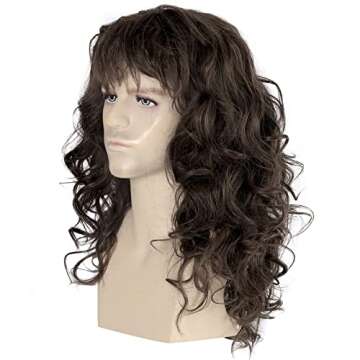 80s Rock Wig with Bandana 80s Mens Mullet Brown Curly Hair Wig Glam Metal Punk Rock Rocker Wig Perfect for Halloween, Cosplay, DIY Themed Costume Party (Brown)