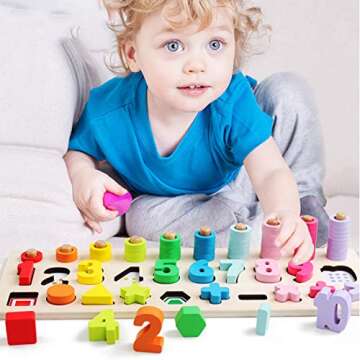 Montessori Math Shapes Toys Preschool Counting Early Learning Education Toy Math Shapes Puzzle Toys for Toddlers Stacking Shape Sorting Kids Games Wood Blocks for Kids Number Counting