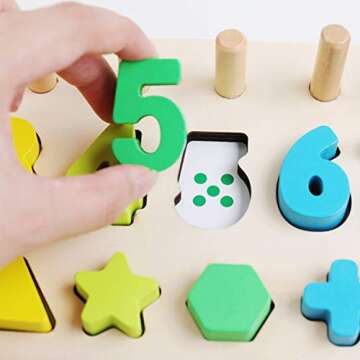 Montessori Math Shapes Toys Preschool Counting Early Learning Education Toy Math Shapes Puzzle Toys for Toddlers Stacking Shape Sorting Kids Games Wood Blocks for Kids Number Counting