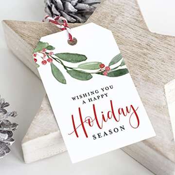 Bliss Collections Holiday Season Gift and Favor Tags, Pack of 50 Holly Greenery Cards for 'Tis The Season Events, Parties and Celebrations - Great for Seasonal Favors