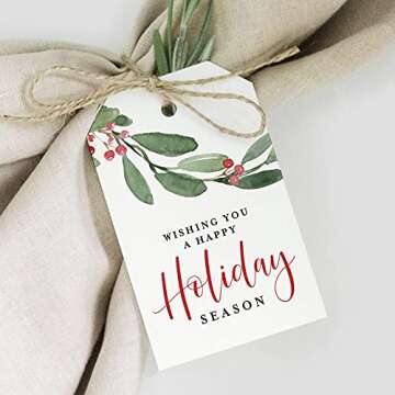 Bliss Collections Holiday Season Gift and Favor Tags, Pack of 50 Holly Greenery Cards for 'Tis The Season Events, Parties and Celebrations - Great for Seasonal Favors