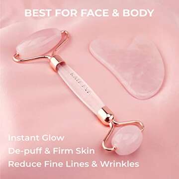 Kate Eve Rose Quartz Roller & Gua Sha Tool | 100% Natural Crystal Facial Massager for All Skin Types | Anti-Aging, Skincare Routine Essential, Reduces Puffiness & Firms Skin