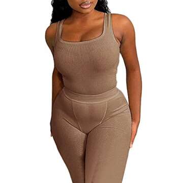 AYWA Casual Workout Sets Two Piece Outfits for Women Ribbed Crop Tank Top High Waist Leggings Active Wear (Brown, Small)