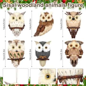 Namalu 6 Pack Sisal Owls Christmas Ornaments, Nature Straw Animals Figurines for Rustic Christmas Ornaments, Realistic Woodland Animal Decor for Christmas Tree DIY Crafts Gardening Wreath Decor