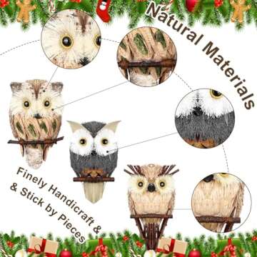 Namalu 6 Pack Sisal Owls Christmas Ornaments, Nature Straw Animals Figurines for Rustic Christmas Ornaments, Realistic Woodland Animal Decor for Christmas Tree DIY Crafts Gardening Wreath Decor