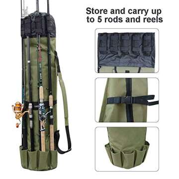 Allnice Sturdy Canvas Fishing Rod & Reel Organizer Bag Travel Carry Case Bag- Holds 5 Poles & Tackle (Khaki Green)