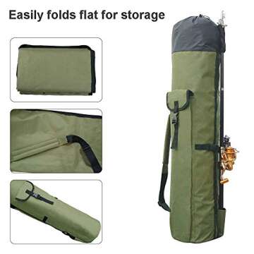 Allnice Sturdy Canvas Fishing Rod & Reel Organizer Bag Travel Carry Case Bag- Holds 5 Poles & Tackle (Khaki Green)