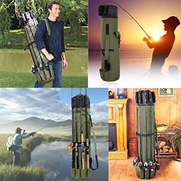 Allnice Sturdy Canvas Fishing Rod & Reel Organizer Bag Travel Carry Case Bag- Holds 5 Poles & Tackle (Khaki Green)