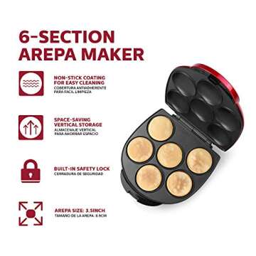 Holstein Housewares Non-Stick 6-Section Multi-Food Maker - Arepas, Mini Pancakes, Corncakes and More, 6-PC, Metallic Red