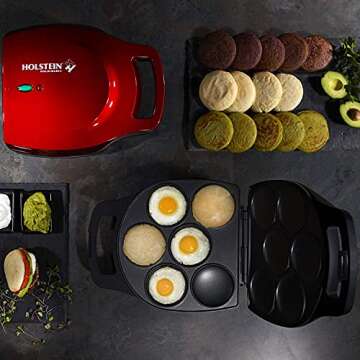 Holstein Housewares Non-Stick 6-Section Multi-Food Maker - Arepas, Mini Pancakes, Corncakes and More, 6-PC, Metallic Red