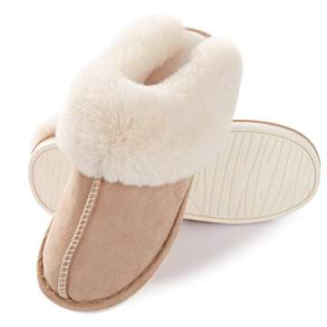 Donpapa Women's Memory Foam Slippers - Cozy, Anti-Skid Tan Slippers for Indoor/Outdoor