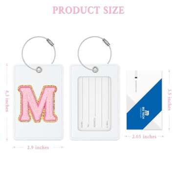 Sodsay 2 PCS Initial Luggage Tag, Luggage Tags for Suitcases Cute Embroidered Letter PU Leather Travel Bag Baggage Tags ID Label with Steel Loops for Women Kids Teens(M, White Leather+Pink Letter)