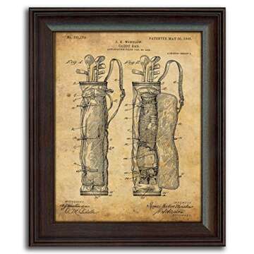 Personal-Prints | Golf Vintage Style US Patent Prints Wall Art | Framed Behind Acrylic Golfer Décor Featuring a Golf Club, Golf Tee, Golf Bag and Golf Ball (4 set (Ball Tee Club Bag))