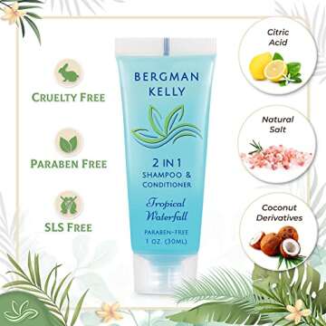 Bergman Kelly - Travel Size 2 in 1 Shampoo & Conditioner - 1 fl oz, 100 PK, Tropical Waterfall - Delight Your Guests w/Invigorating & Refreshing Shampoo Amenities - Small Hotel Toiletries in Bulk