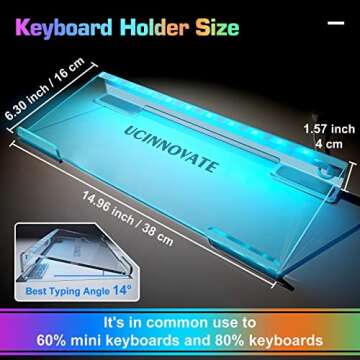 UCINNOVATE RGB Acrylic Computer Keyboard Stand, LED Backlit Keyboard Stand Tray, 75% 80% Gaming Keyboard USB Interface Titled Keyboard Stand for Easy Ergonomic Typing and Working Office Desk, Home