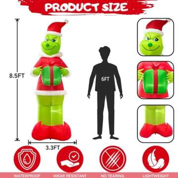 Wabolay Inflatable Christmas Yard Decorations 8.5ft Blow Up Santa Green Giant Monster Halloween Inflatables Outdoor Decorations Led Lights Blowups Merry Xmas Winter Decor for Vacation Outside Lawn