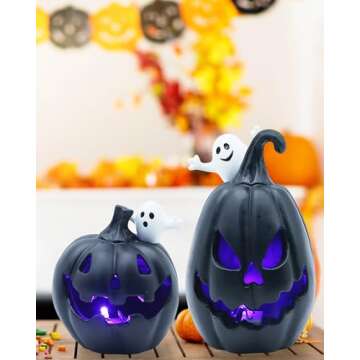 FESTGLOX 2PCS Light Up Jack-O-Lanterns Pumpkin Decor with White Ghost Black Spooky Face Halloween Pumpkin Halloween Decorations for Table Party Supplies Favors