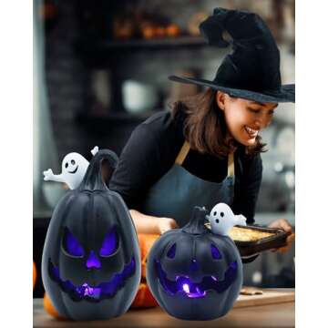 FESTGLOX 2PCS Light Up Jack-O-Lanterns Pumpkin Decor with White Ghost Black Spooky Face Halloween Pumpkin Halloween Decorations for Table Party Supplies Favors