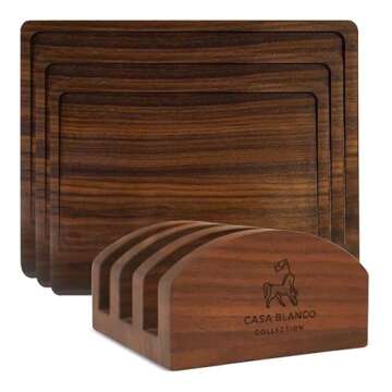 Casa Blanco Collection - Black Walnut 3-Piece Cutting Boards with Stand - Luxury Kitchen Cooking Tools, Wood Chopping Block Set For Meats, Fruits & Vegetables, Assorted Sizes, Easy Grip Handles