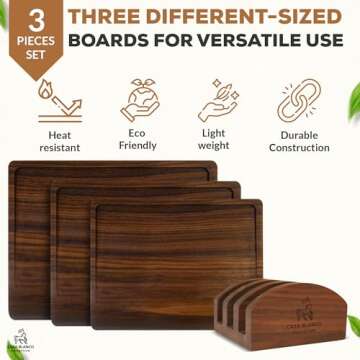 Casa Blanco Collection - Black Walnut 3-Piece Cutting Boards with Stand - Luxury Kitchen Cooking Tools, Wood Chopping Block Set For Meats, Fruits & Vegetables, Assorted Sizes, Easy Grip Handles