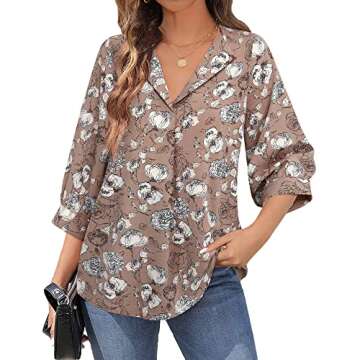 Unixseque Women Work Blouses,Ladies Tops 3/4 Sleeve Elegant Chiffon V Neck Blouses Pleated Fits Relaxed Fit Business Casual Tops for Women Solid Color Work Chiffon Blouse Formal Professional Tops