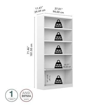 Bush Furniture Universal Tall 5 Shelf Bookcase in White, Vertical Storage and Display Bookshelf for Home Office or Living Room Organization