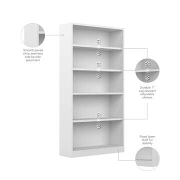 Bush Furniture Universal Tall 5 Shelf Bookcase in White, Vertical Storage and Display Bookshelf for Home Office or Living Room Organization