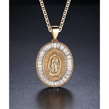 Barzel 18K Gold Plated Flat Mariner/Marina 060 3MM Chain Necklace With Cubic Zirconia Virgin Mary Guadalupe Charm Pendant (18)