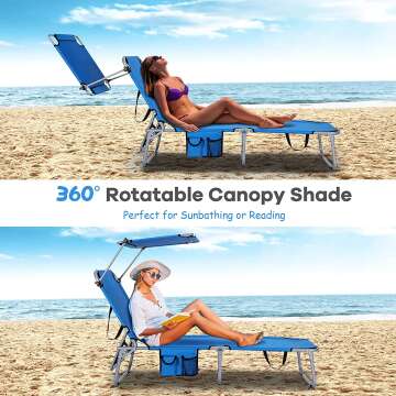 Adjustable Chaise Longue with Canopy Shade - Navy