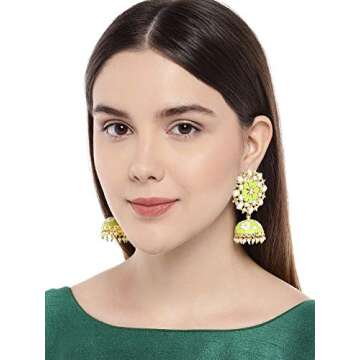 Aheli Stylish Flower Design Enamel Indian Jhumki Faux Beaded Dangle Earrings Ethnic Wedding Bollywood Fashion Jewelry Gift for Women