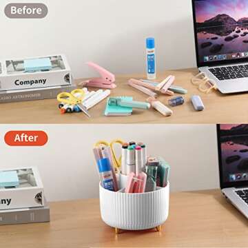 Desk Pencil Pen Holder, 5 Slots 360°Degree Rotating Pencil Pen Organizers for Desk, Desktop Storage Stationery Supplies Organizer, Cute Pencil Cup Pot for Office, School, Home, Art Supply, White