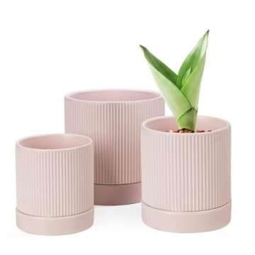 LaDoVita 3 Pack Ceramic Plant Pots 6/5/4 inch, Flowerpot for Indoor Plants with Drainage Holes and Tray, Outdoor Garden Planters, Modern Decorative for Home, Pink Vertical Stripes